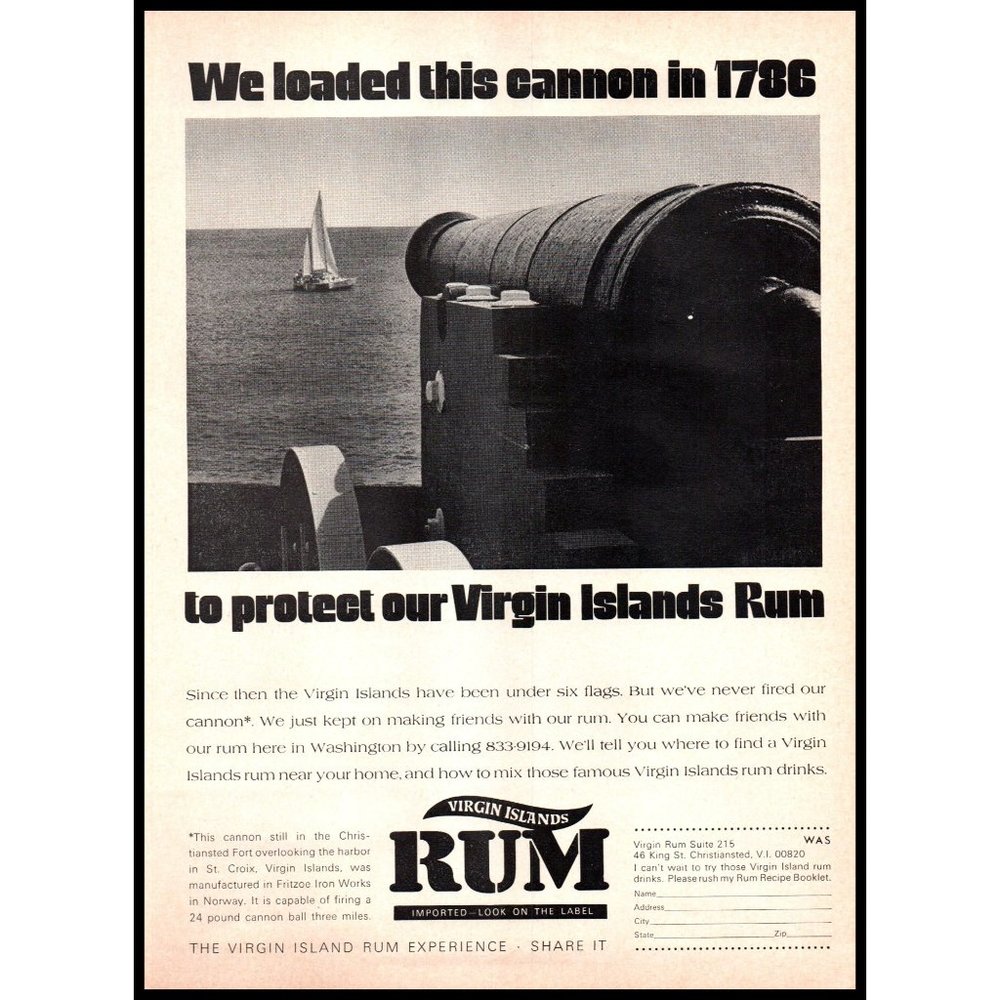 1974 US Virgin Islands Rum Vintage Print Ad Caribbean Fort Cannon Sailboat Art